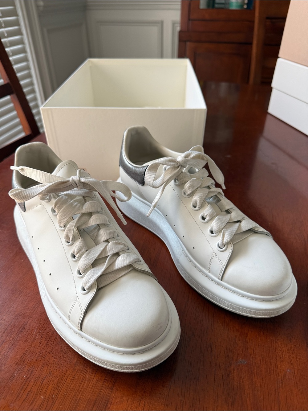 Alexander McQueen White Leather Sneakers with Silver Heel